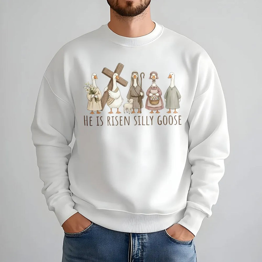 He Is Risen Silly Goose Sweatshirt | Funny Christian Easter Graphic Tee | Premium Cotton Blend Crewneck | Religious Gift for Men and Women