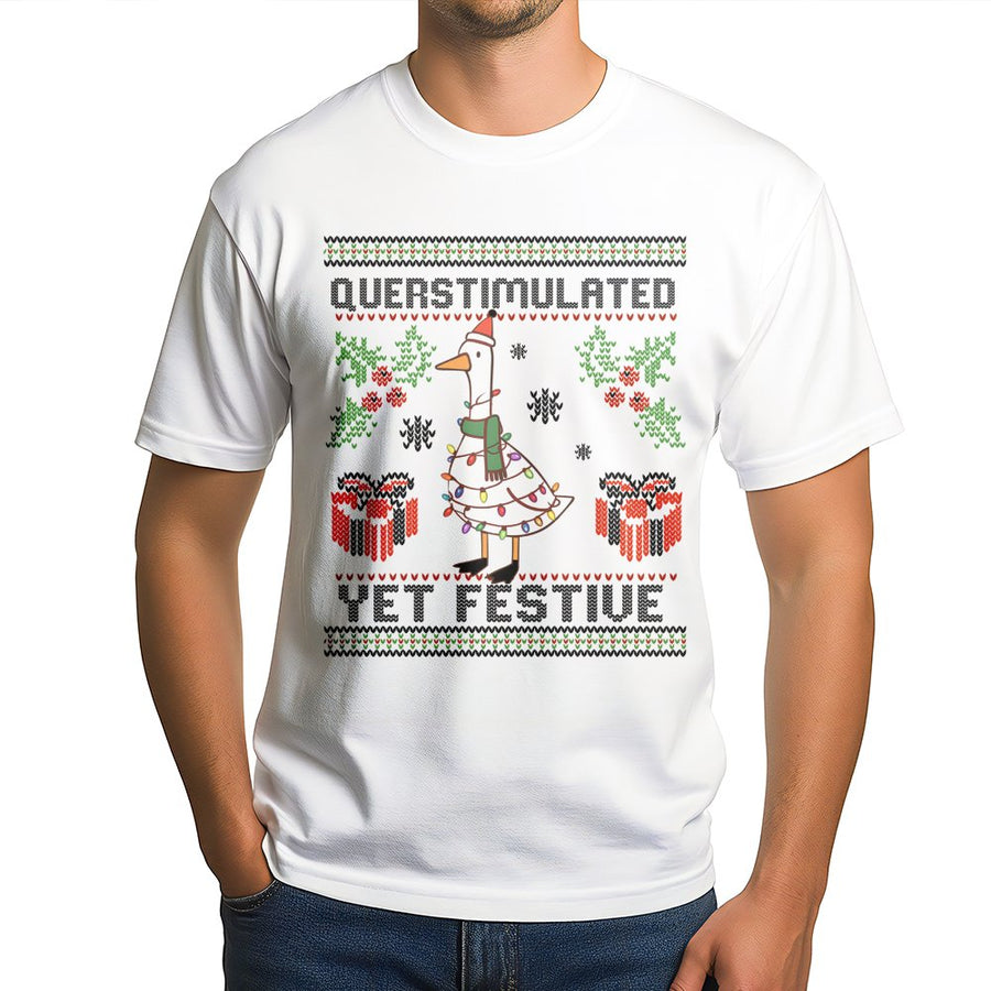 Overstimulated Yet Festive Goose T-Shirt | Funny Ugly Christmas Sweater Design | Premium Cotton Tee | Holiday Gift For Duck Lovers