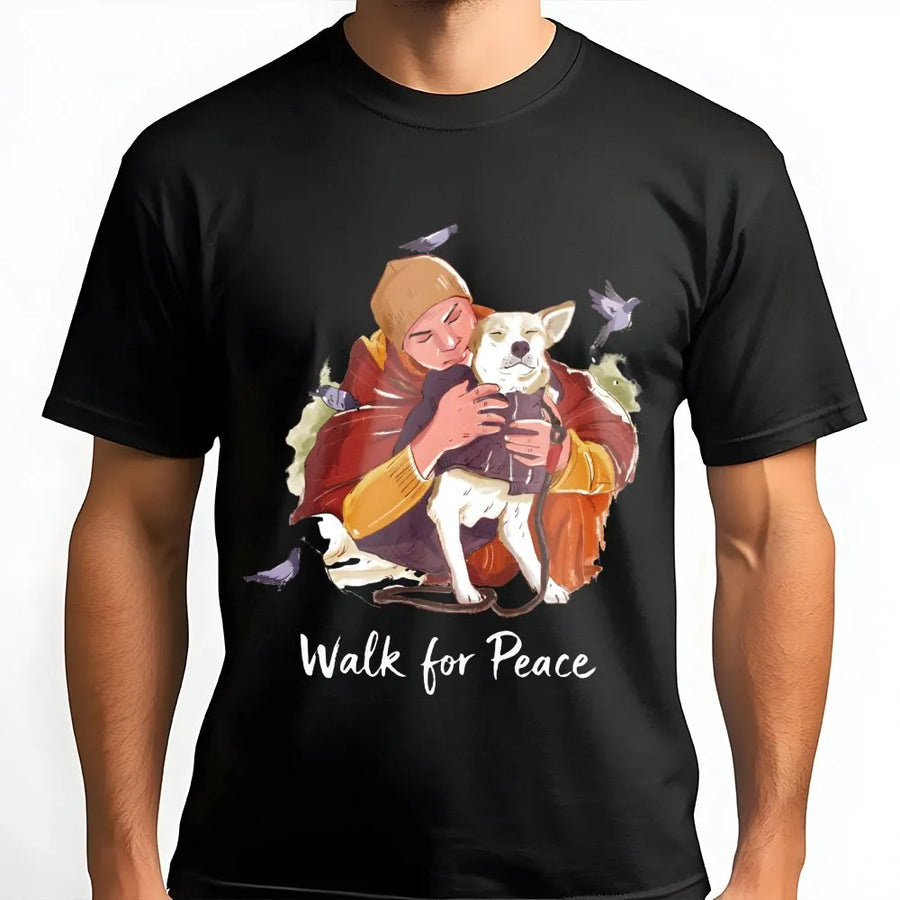 Walk for Peace T-Shirt | Dog Lover Hugging Illustration | Soft Premium Cotton Tee | Meaningful Zen Gift for Animal Owners