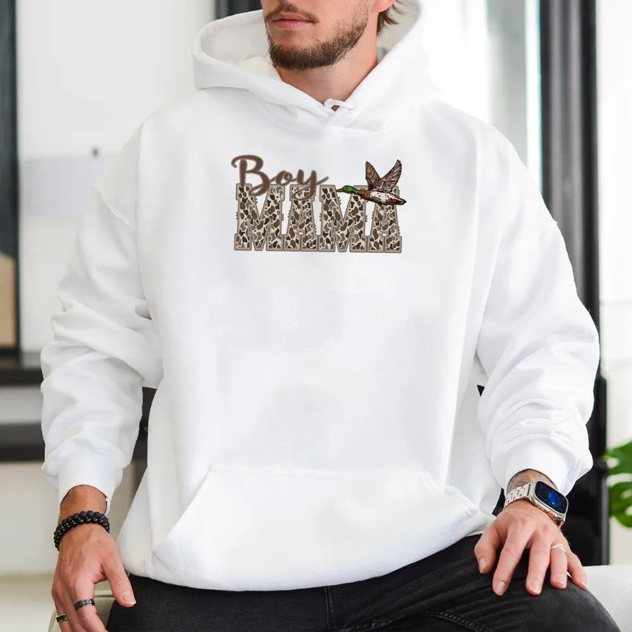Boy Mama Hoodie | Duck Hunting Camo Print Design | Premium Soft Cotton Blend | Gift for Outdoor Mom and Wildlife Enthusiasts