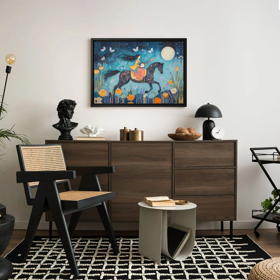Whimsical Horse Canvas Wall Art | Moonlit Banjo Player Illustration | Premium Fade-Resistant Gallery Wrap | Magical Boho Home Decor Gift