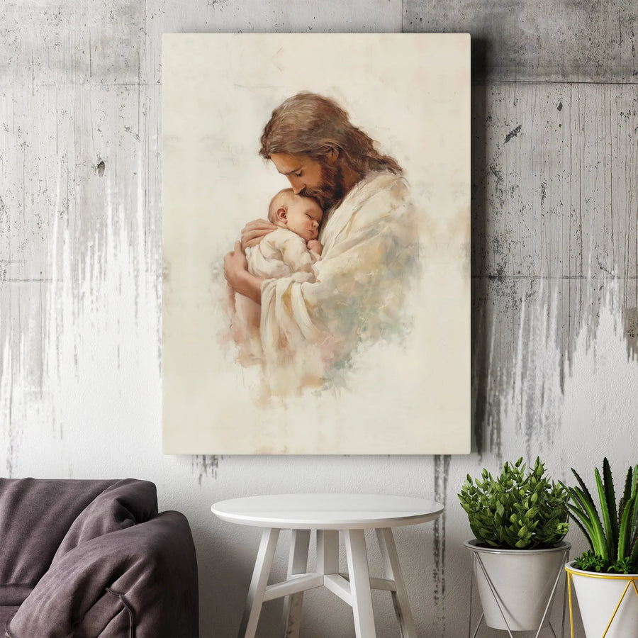 Jesus Holding Baby Canvas Wall Art | Soft Watercolor Religious Painting | 1.25 Inch Gallery Wrap | Christian Nursery Decor Baptism Gift
