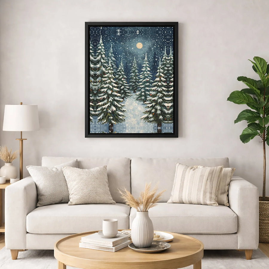 Winter Forest Canvas Wall Art | Snowy Pine Trees Night Landscape | Premium 1.25" Gallery Wrap | Festive Holiday Home Decor Gift