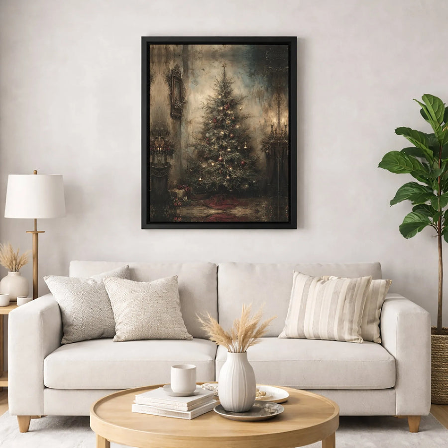 Vintage Christmas Tree Canvas Print | Moody Antique Room Oil Painting Art | 1.25-Inch Thick Gallery Wrap | Holiday Wall Decor Gift for Home