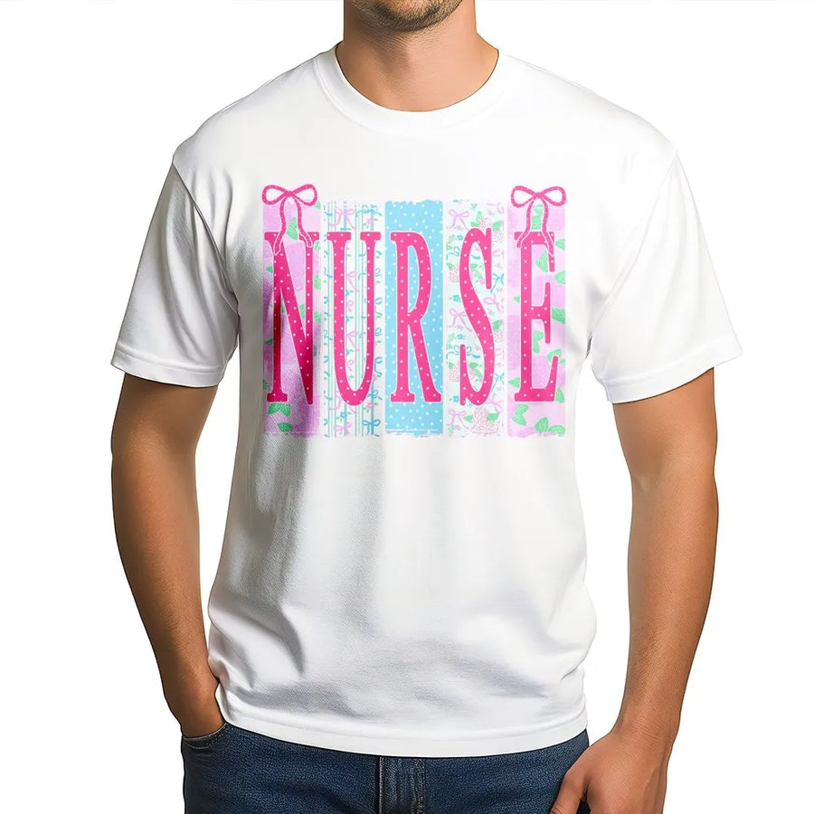 Coquette Nurse T-Shirt | Ditsy Floral & Bow Pattern Pullover | Soft Cotton Blend | Premium Gift for RN, NICU Nurse, Nursing Student