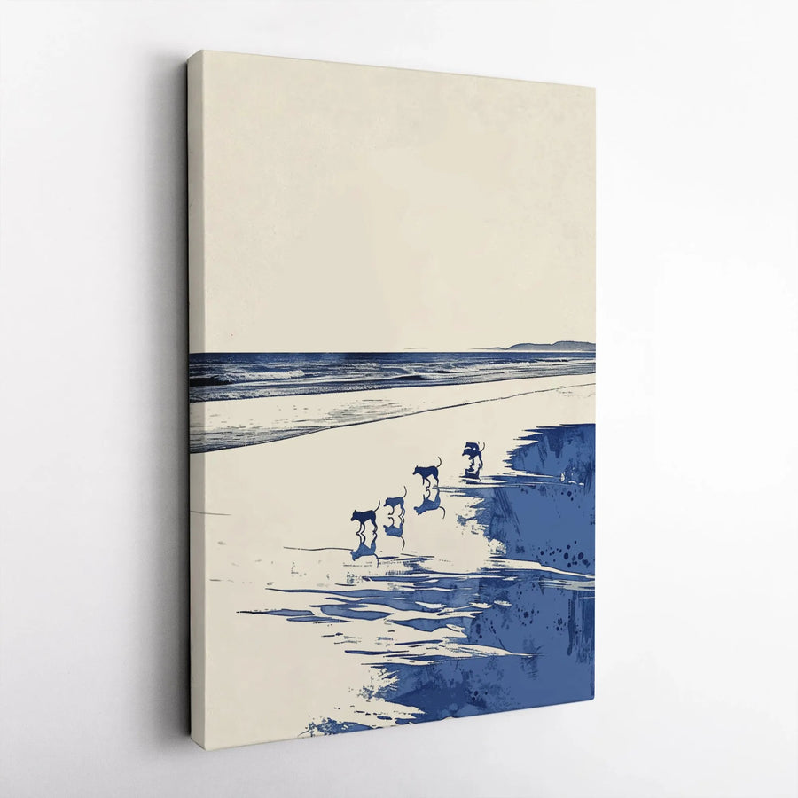 Abstract Dogs on Beach Canvas Print | Minimalist Coastal Dog Scene | Premium Gallery Wrapped Canvas | Modern Home Decor Gift for Dog Lover