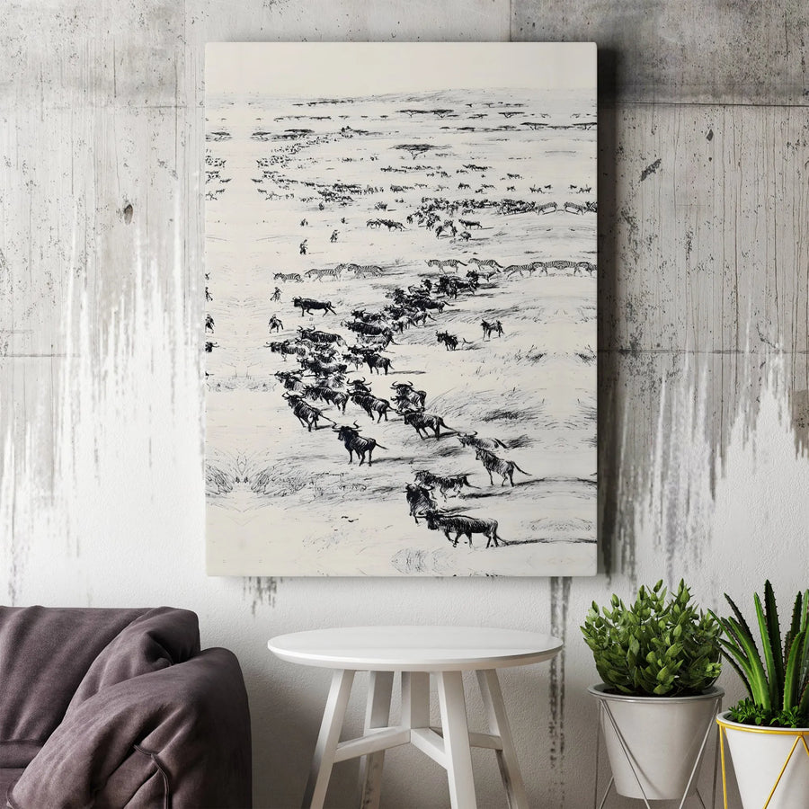 Great Migration Canvas Wall Art | African Savanna Wildebeest & Zebra Sketch | Premium Gallery Wrapped Canvas | Safari Home Decor Gift for Nature Lover