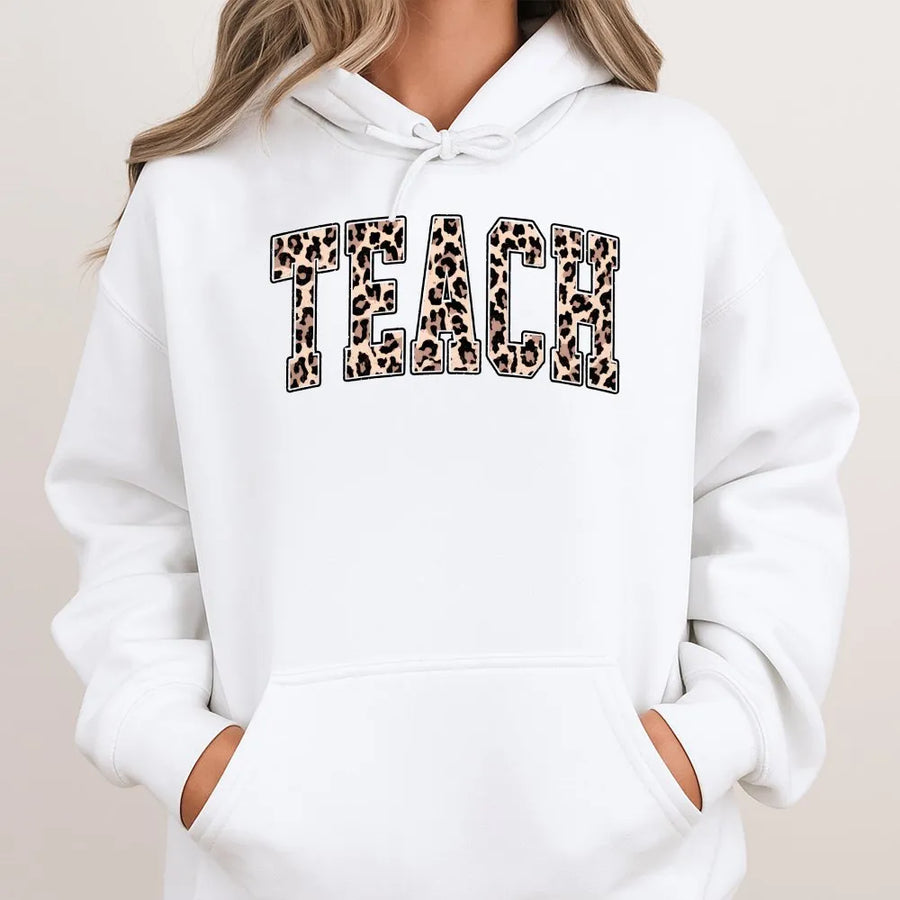 Teacher Hoodie | Leopard Print Varsity Letters | Soft Cotton Blend Pullover | Back to School Gift for Teacher