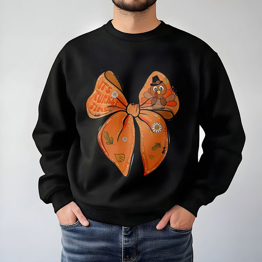 It's Turkey Time Thanksgiving Sweatshirt | Boho Bow Turkey Graphic Print | Soft Cotton-Blend Cozy Apparel | Cute Fall Holiday Gift for Women