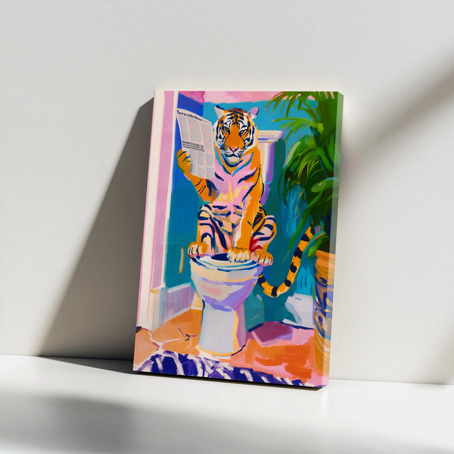 Tiger Reading Newspaper On Toilet Canvas Art | Funny Bathroom Wall Decor | Premium Gallery Wrap Print | Whimsical Animal Portrait Gift