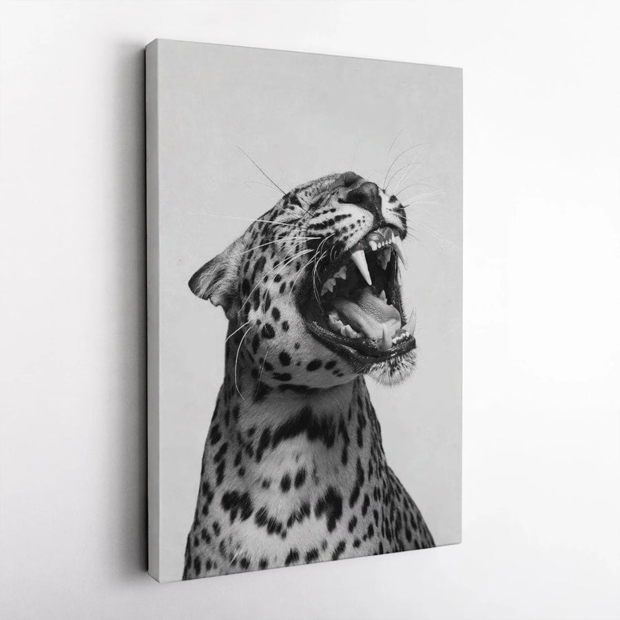 Roaring Leopard Wall Art | Black and White Wildlife Photography | Premium Gallery-Wrapped Canvas | Modern Minimalist Home Decor Gift