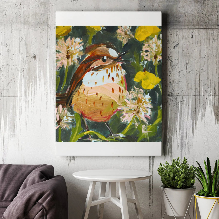 Song Sparrow Canvas Wall Art | Impressionist Bird Painting with Dandelions | Premium Gallery Wrapped Print | Nature Lover Gift for Home Decor