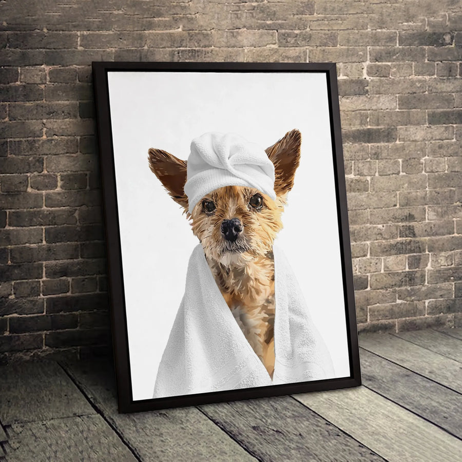 Dog Spa Wall Art | Cute Terrier in Towel Turban | Premium Gallery Canvas | Whimsical Bathroom Decor Gift for Dog Lovers
