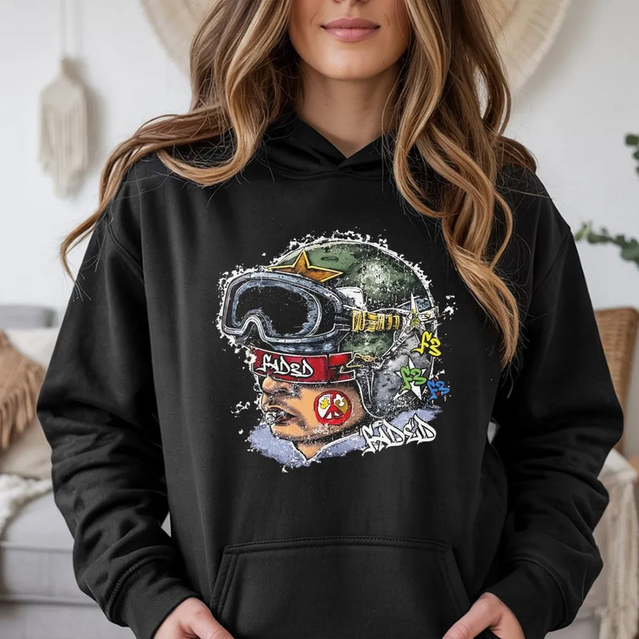 Faded Graphic Hoodie | Streetwear Soldier Helmet Print | Premium Cotton Blend | Unisex Y2K Aesthetic Gift for Teens and Young Adults