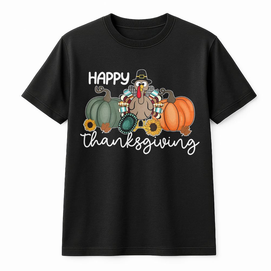 Happy Thanksgiving T-Shirt | Cute Turkey and Pumpkin Fall Graphic | 100% Cotton Premium Tee | Unisex Autumn Holiday Gift for Family Dinner
