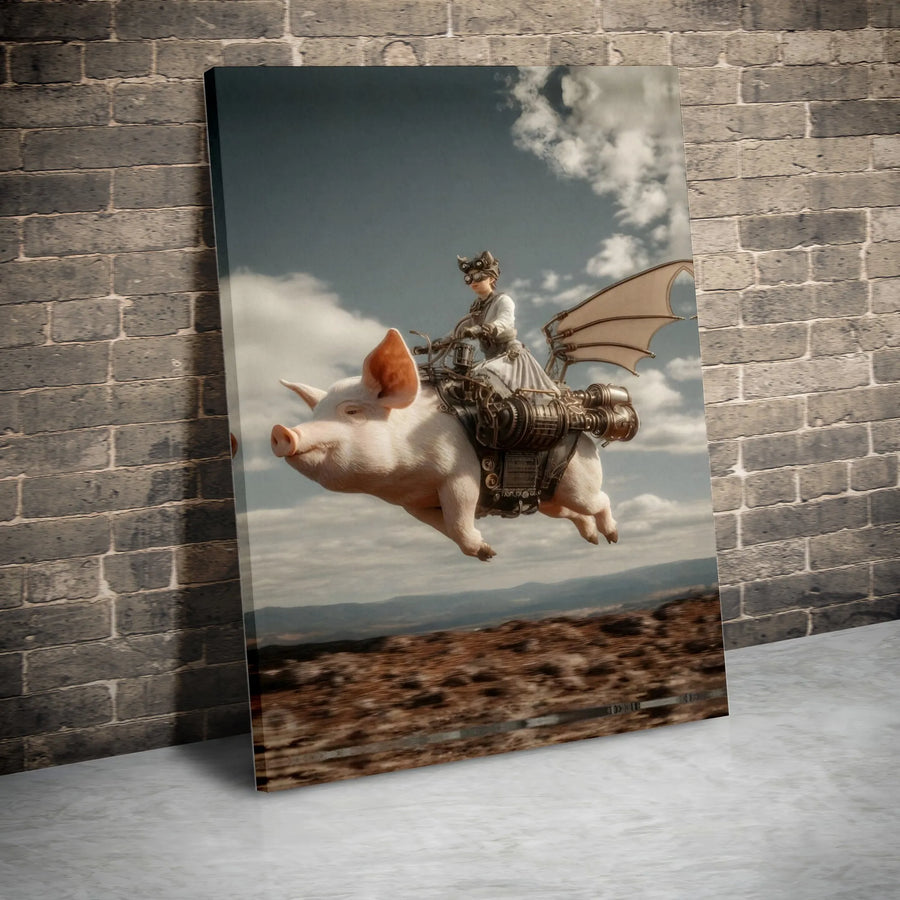 Steampunk Flying Pig Canvas | Whimsical Mechanical Animal Art | Premium Gallery Wrap Wall Decor | Unique Gift for Fantasy Fans