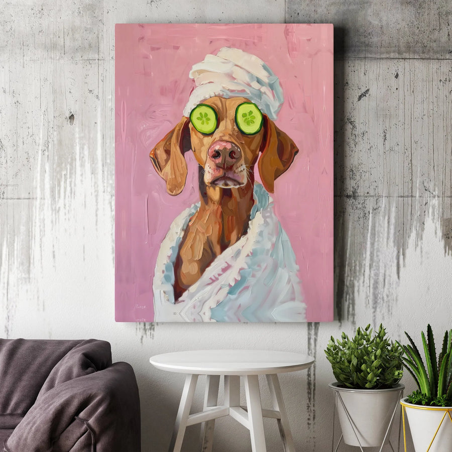 Funny Dog Spa Canvas Print | Vizsla with Cucumber Eyes Painting | Premium Gallery Wrap Wall Art | Unique Gift for Dog Lover, Bathroom Decor