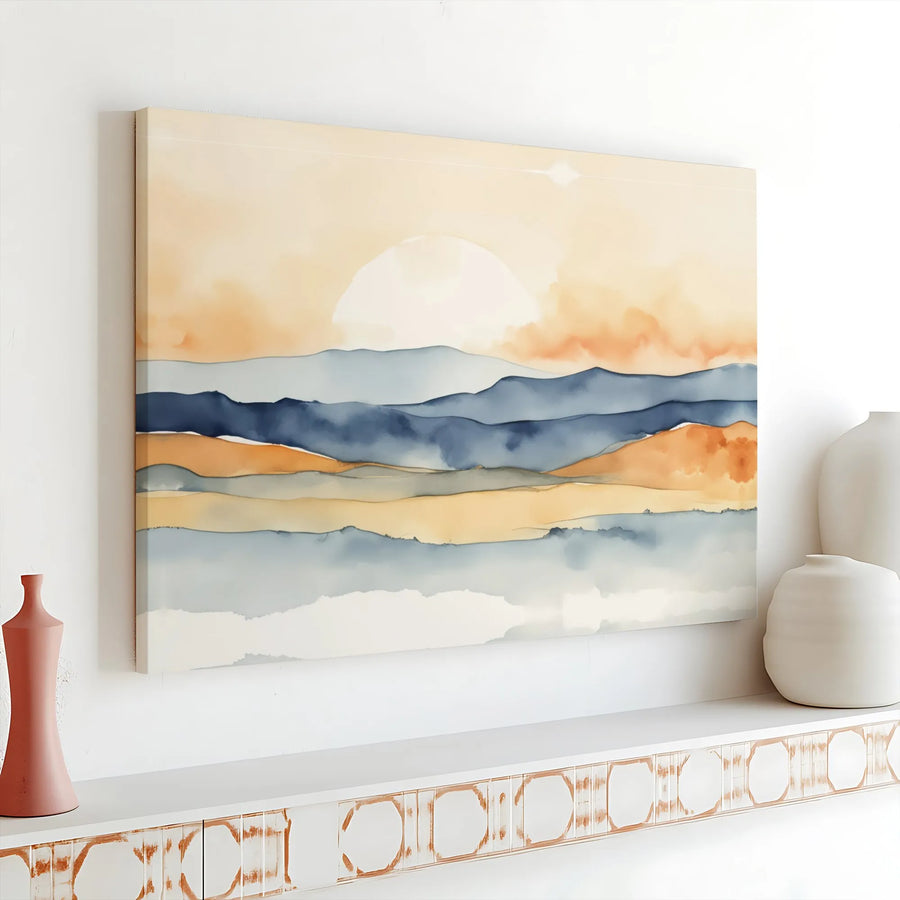 Abstract Landscape Canvas Wall Art | Watercolor Sunset Mountain Range | Premium Gallery Wrapped Canvas | Modern Living Room Decor Gift