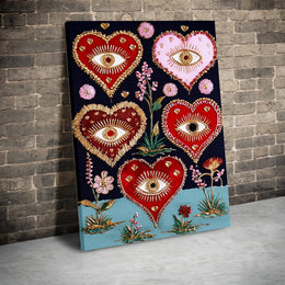 Mystical Evil Eye Heart Canvas Art | Surreal Floral Boho Wall Decor | Premium Gallery Wrap Print | Spiritual Aesthetic Gift for Her