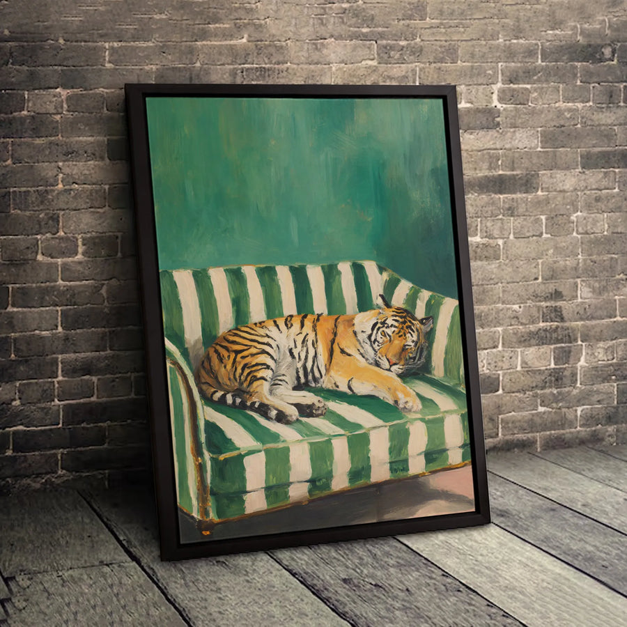 Tiger Sleeping on Striped Couch Canvas Art | Whimsical Animal Oil Painting Style | Premium Gallery Wrap Wall Decor | Unique Gift for Animal Lovers