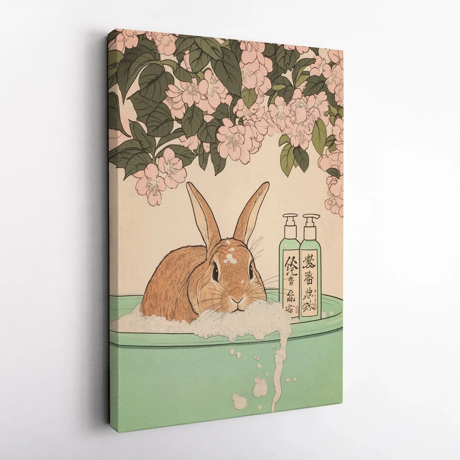 Japanese Rabbit Canvas Wall Art | Ukiyo-E Style Bunny Bathing in Blossoms | Premium Gallery Wrap Print | Cute Bathroom Decor for Home Gift