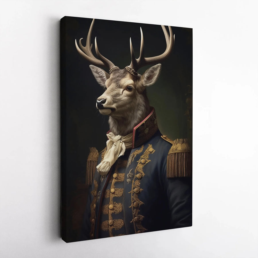 Regal Deer General Canvas Print | Anthropomorphic Royal Military Portrait | Premium Gallery Wrap Wall Art | Unique Home Office Decor Gift