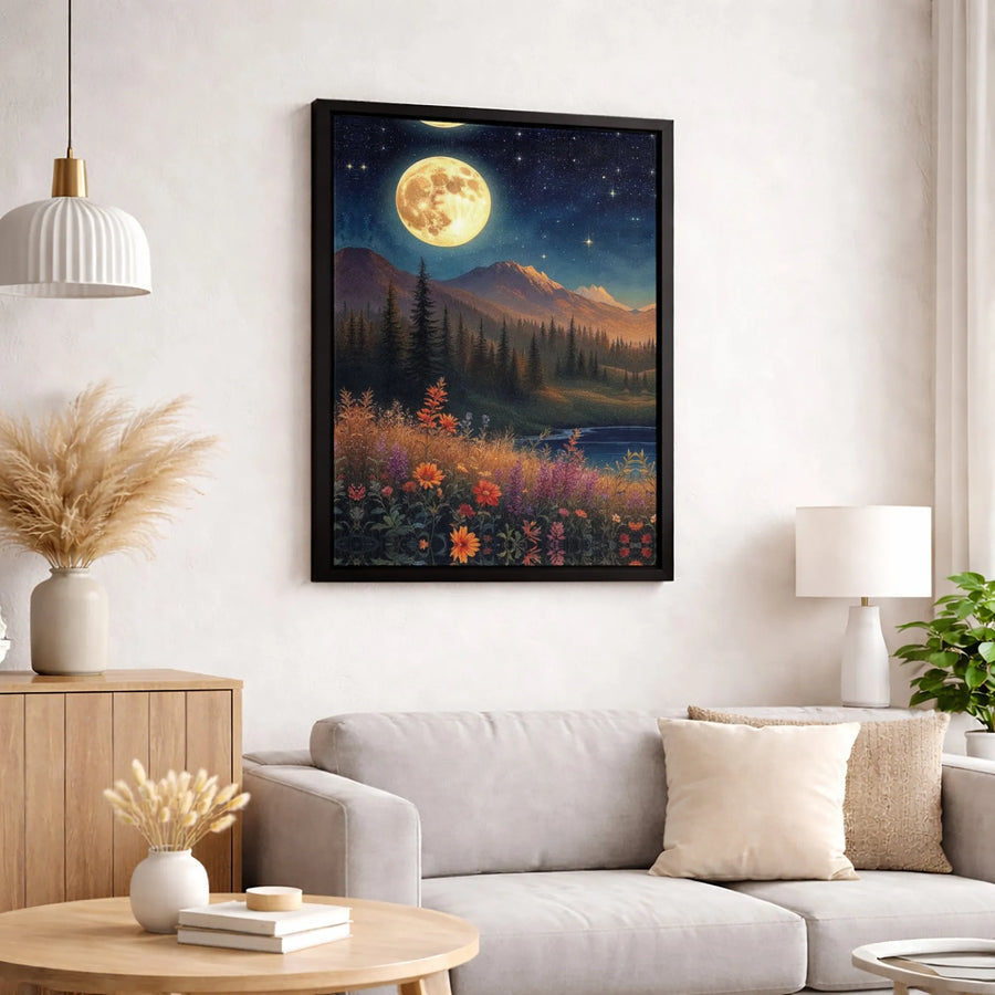 Full Moon Mountain Forest Canvas Art | Night Sky Wildflower Meadow Print | Premium 1.25" Gallery Wrapped Wall Decor | Nature Lover Gift