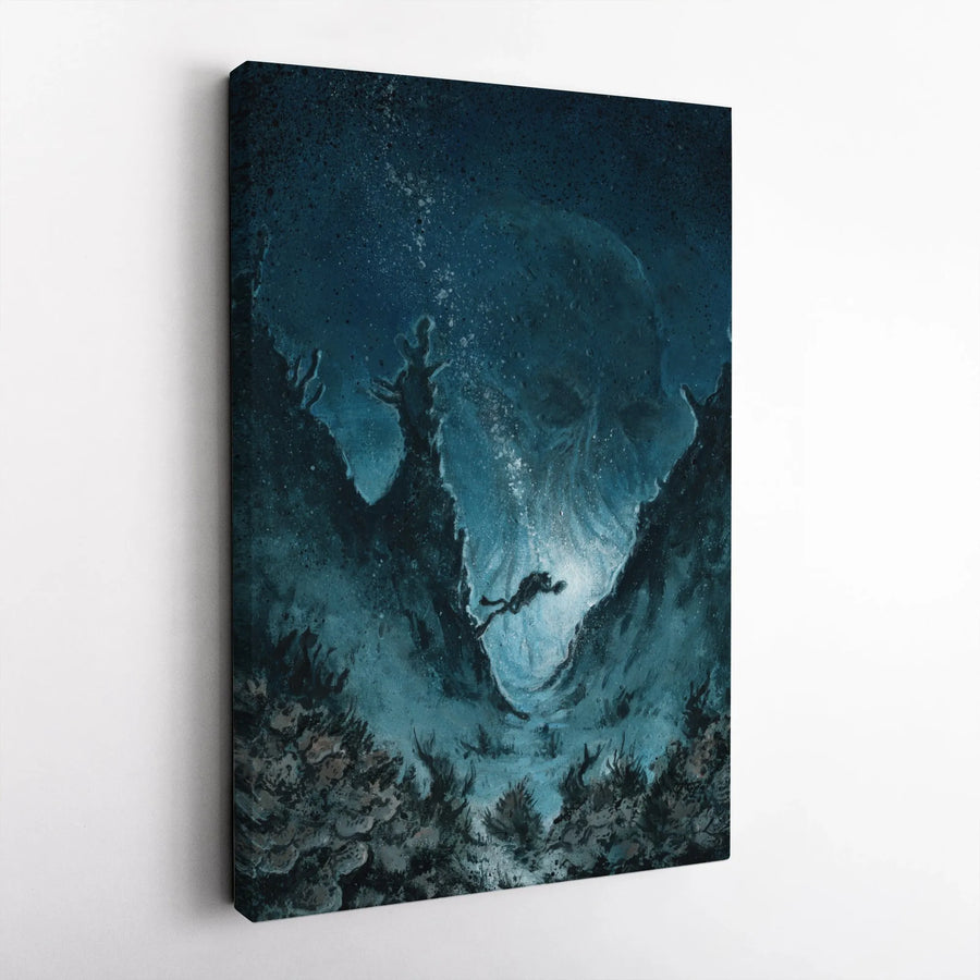 Deep Sea Scuba Diver Skull Canvas Wall Art | Surreal Underwater Gothic Decor | Premium Fade-Resistant Gallery Wrap | Gothic Home Office Decor Gift