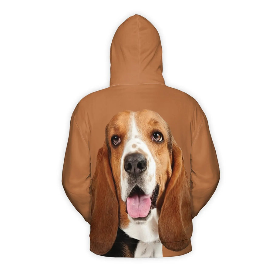 Basset Hound Hoodie | Realistic 3D Dog Face Graphic Print | Soft Brushed Fleece Polyester | Unique Animal Lover Gift