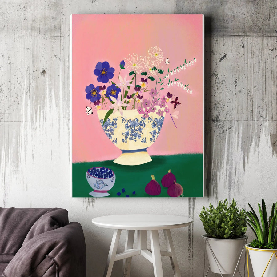 Delft Wildflower Vase Canvas Print | Vibrant Pink Botanical Still Life | Premium Gallery Quality Art | Modern Kitchen Wall Decor Gift