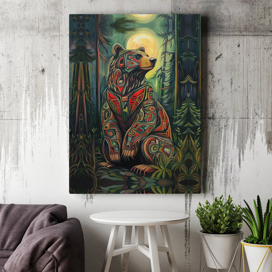 Tribal Bear Wall Art | Forest Moon Wildlife Canvas Print | Premium Fade-Resistant Gallery Wrap | Gift for Nature Lovers