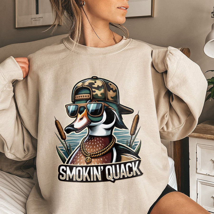 Smokin' Quack Duck Sweatshirt | Funny Hunting Graphic Crewneck | Premium Cotton-Blend Apparel | Gift for Duck Hunter or Waterfowl Lover