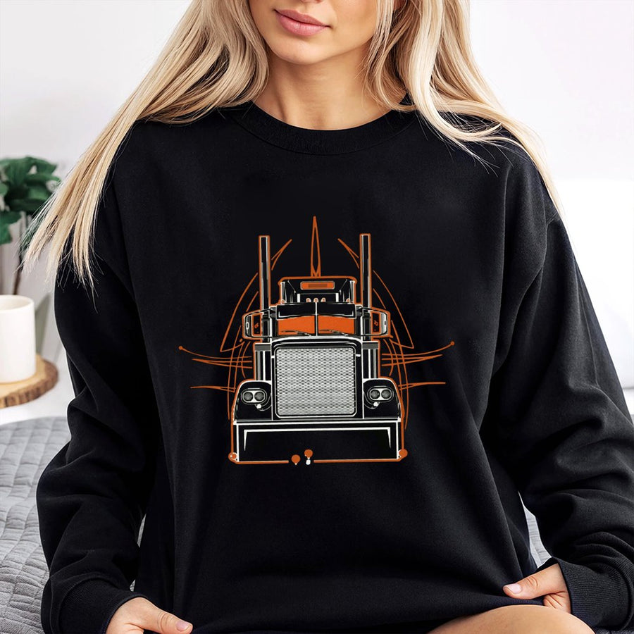 Semi Truck Graphic Sweatshirt | Vintage Pinstripe Big Rig Design | Premium Cotton Blend | Gift For Trucker, Diesel Driver, Truck Enthusiast