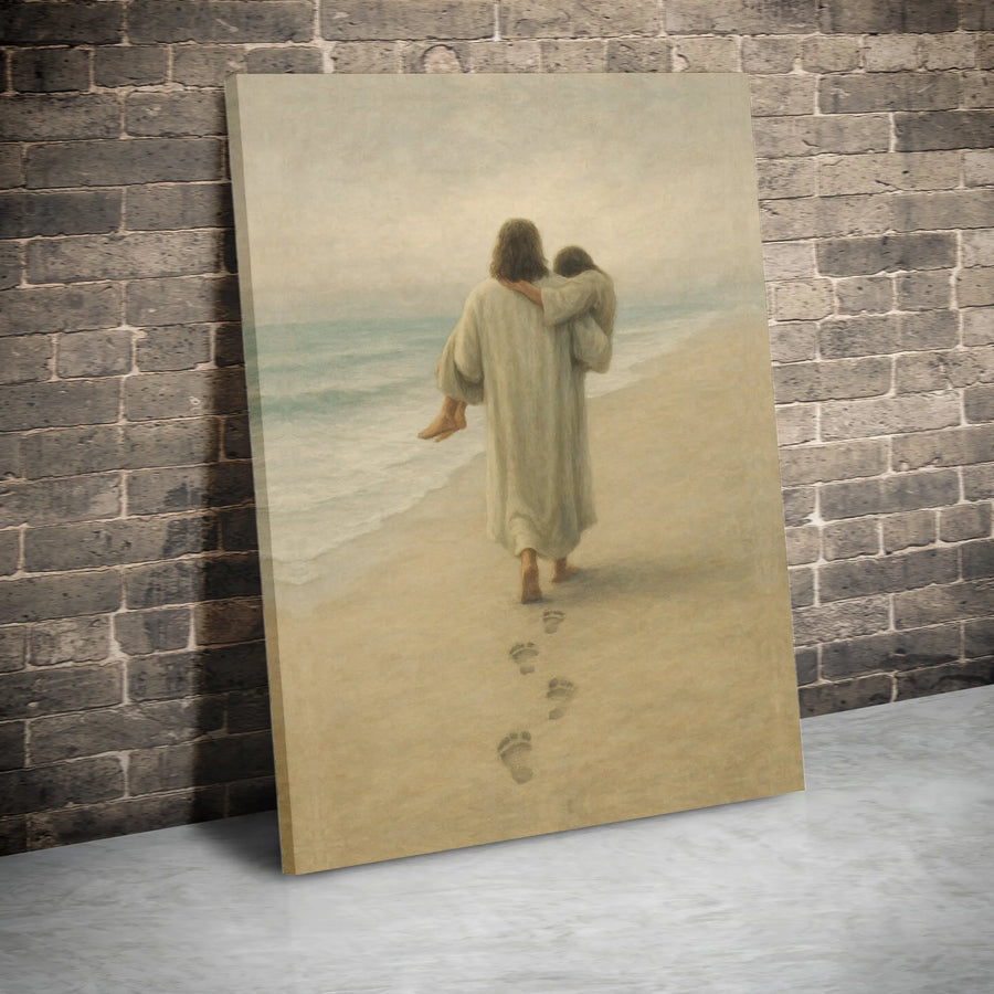 Footprints in the Sand Canvas Wall Art | Jesus Carrying Lamb on Beach | Premium Christian Art Print | Inspirational Religious Home Decor Gift