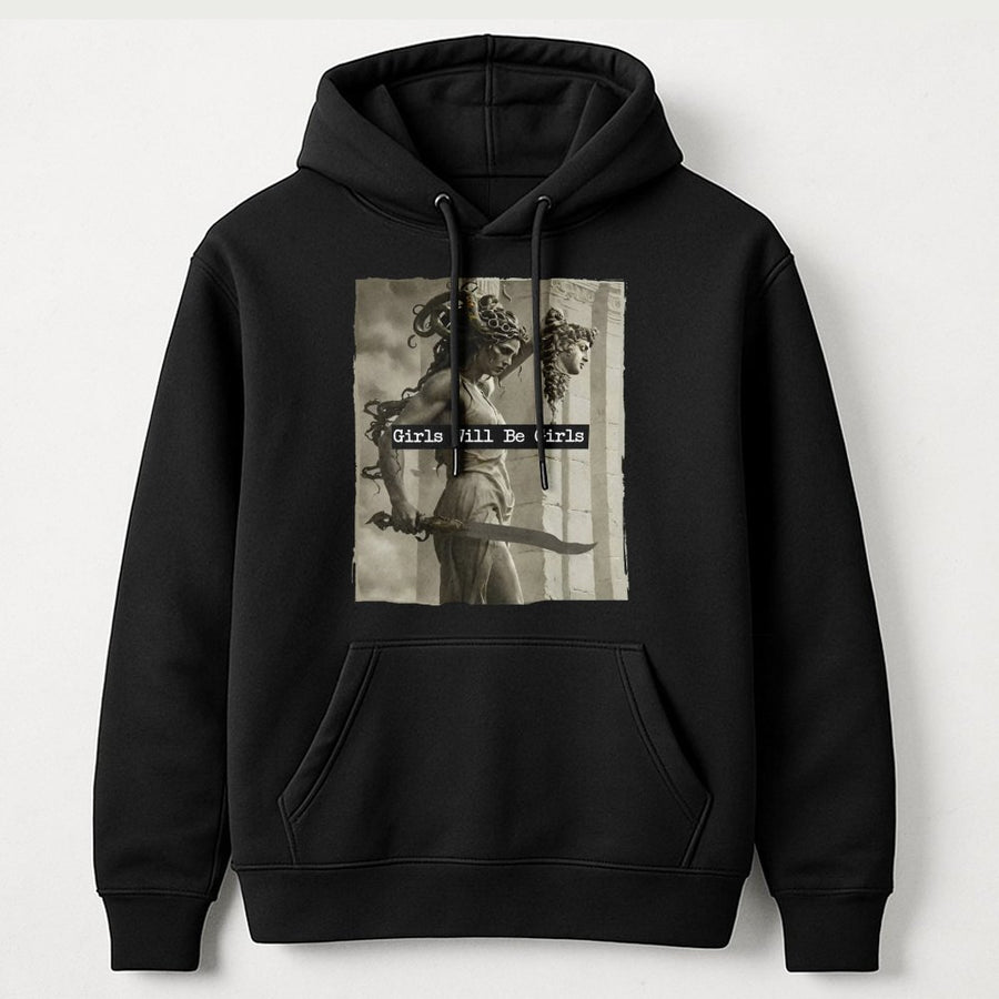 Medusa Hoodie | Girls Will Be Girls Feminist Graphic Art | Cotton-Blend Premium Pullover | Mythological Greek Aesthetic Gift For Her