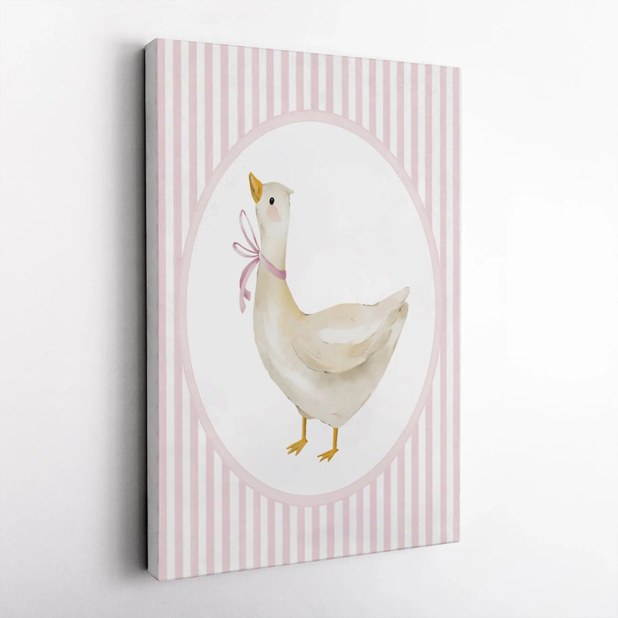 Watercolor Goose Wall Art | Cute Pink Bow Striped Canvas Print | Premium Gallery-Wrapped Decor | Nursery & Farmhouse Wall Art