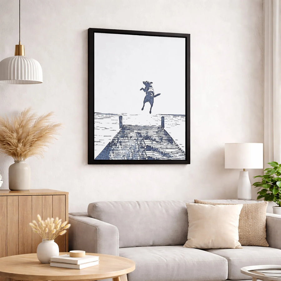 Dog Jumping Off Dock Wall Art | Minimalist Sketch Print | 1.25" Gallery Canvas | Pet Lover Gift Idea