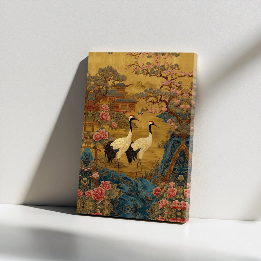 Chinoiserie Crane Canvas Art | Japanese Red-Crowned Crane Painting | Premium Gallery Quality Print | Gift for Asian Inspired Home Decor