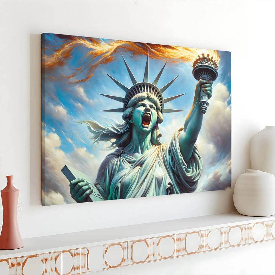 Screaming Statue of Liberty Canvas | Dramatic Political Protest Art | Premium Gallery Wrapped Print | Patriotic Home Decor Gift
