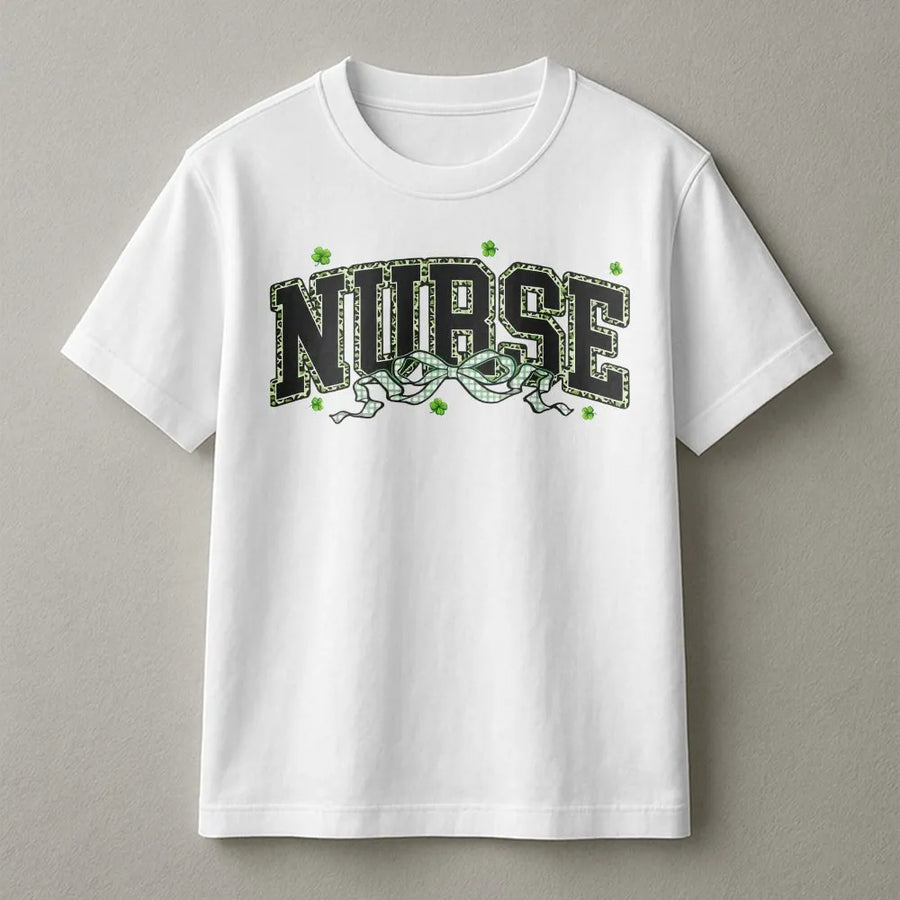 Nurse St. Patrick's Day T-Shirt | Lucky Green Shamrock Leopard Print Lettering | 100% Cotton Premium Tee | Cute Irish Nursing Graduation Gift