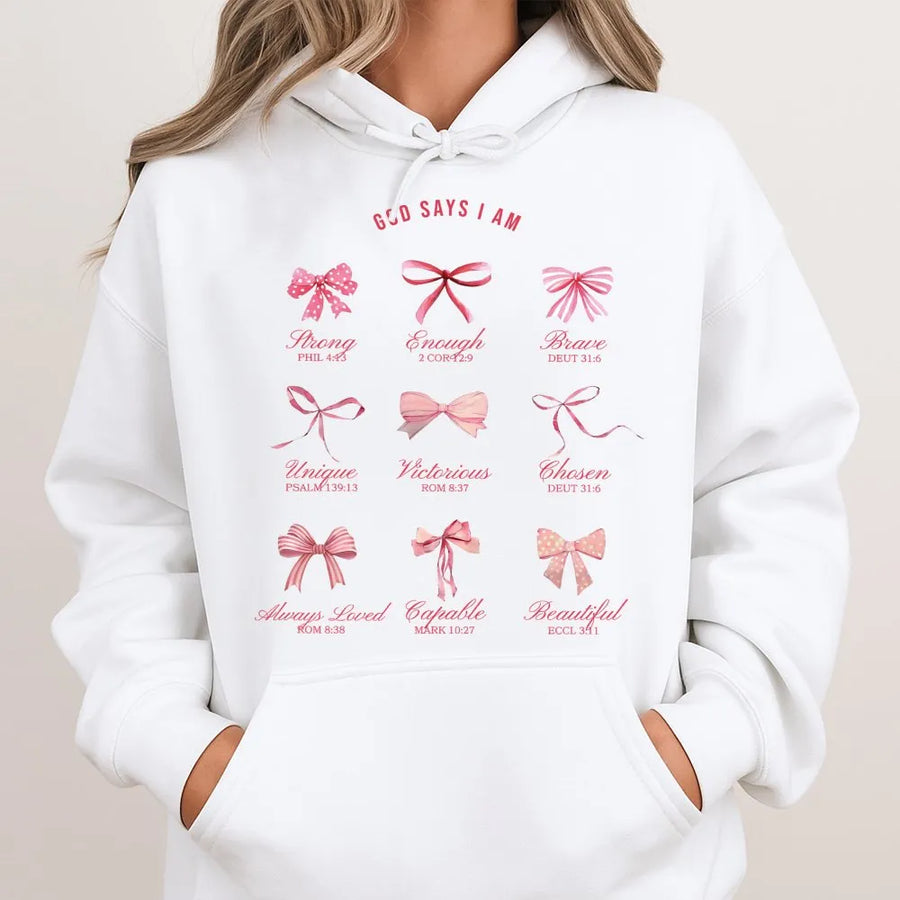 God Says I Am Hoodie | Christian Coquette Bow Design | Premium Cotton Blend | Faith Based Gift for Women