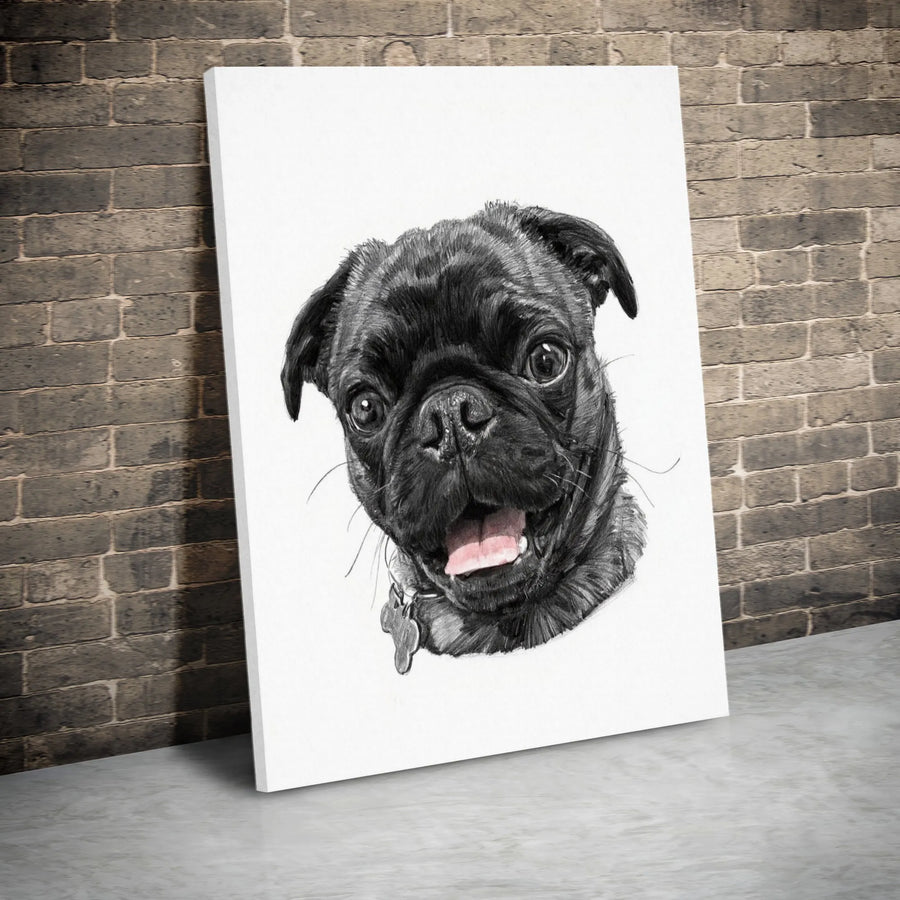 Black Pug Portrait Wall Art | Realistic Pencil Sketch Print | Gallery-Quality Canvas Decor | Dog Lover Gift For Home Office