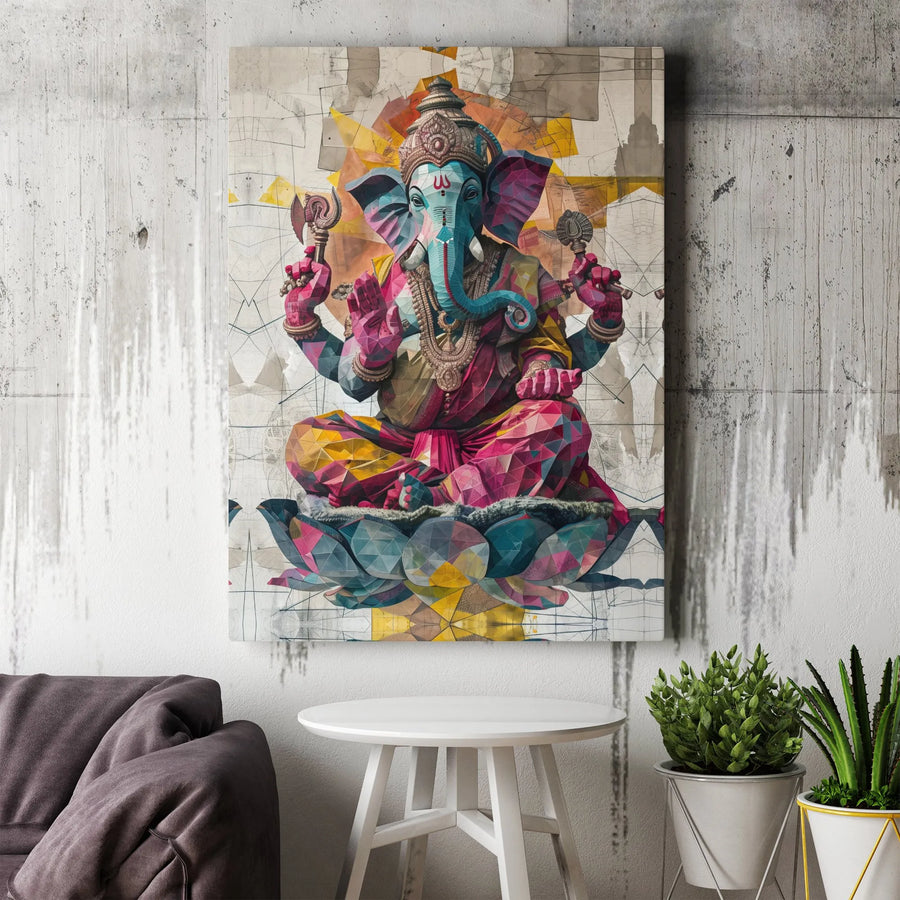 Lord Ganesha Canvas Wall Art | Geometric Lotus Flower Print | Premium Fade-Resistant Gallery Wrap | Modern Hindu Home Decor Gift