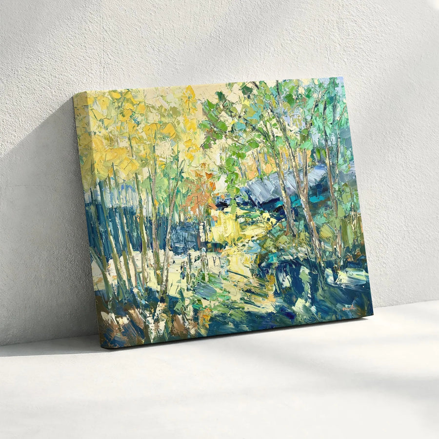 Impressionist Forest Landscape Horizontal Canvas | Palette Knife Oil Painting Style Birch Trees Art | Premium 1.25 Inch Thick Fade-Resistant Print | Vibrant Nature Decor Gift for Living Room