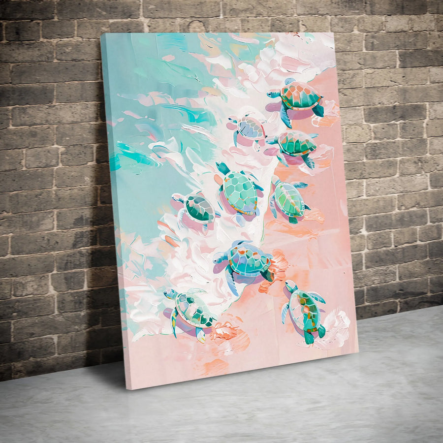 Baby Sea Turtle Wall Art | Coastal Pink Beach Painting | Premium Gallery-Wrapped Canvas | Beach House Decor & Ocean Nursery Gift