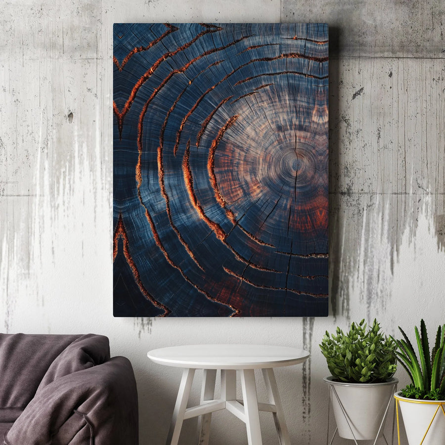 Abstract Tree Ring Canvas Wall Art | Blue and Orange Wood Grain Texture | 1.25 Inch Gallery Wrap | Modern Home Office Decor Gift