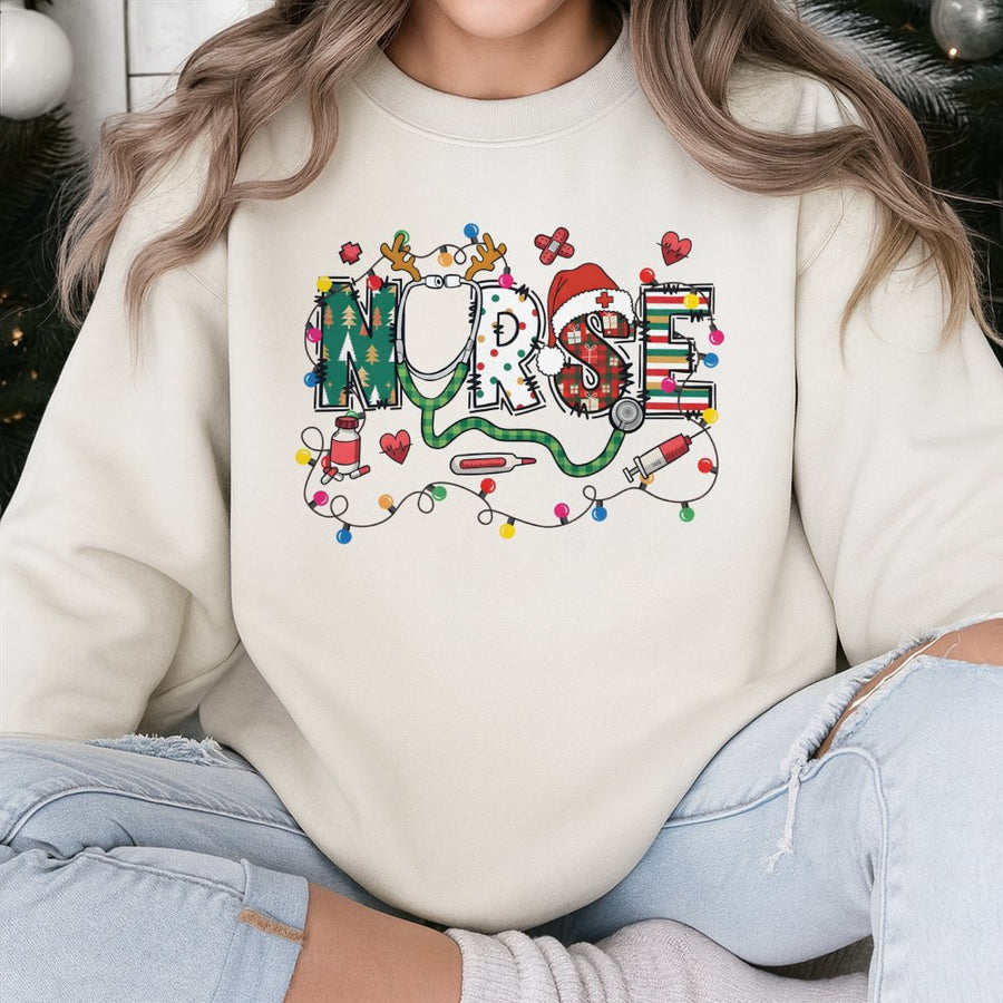 Christmas Nurse Sweatshirt | Holiday Plaid Stethoscope Design | Cotton Blend Premium Crewneck | Festive Medical Gift for Nurses