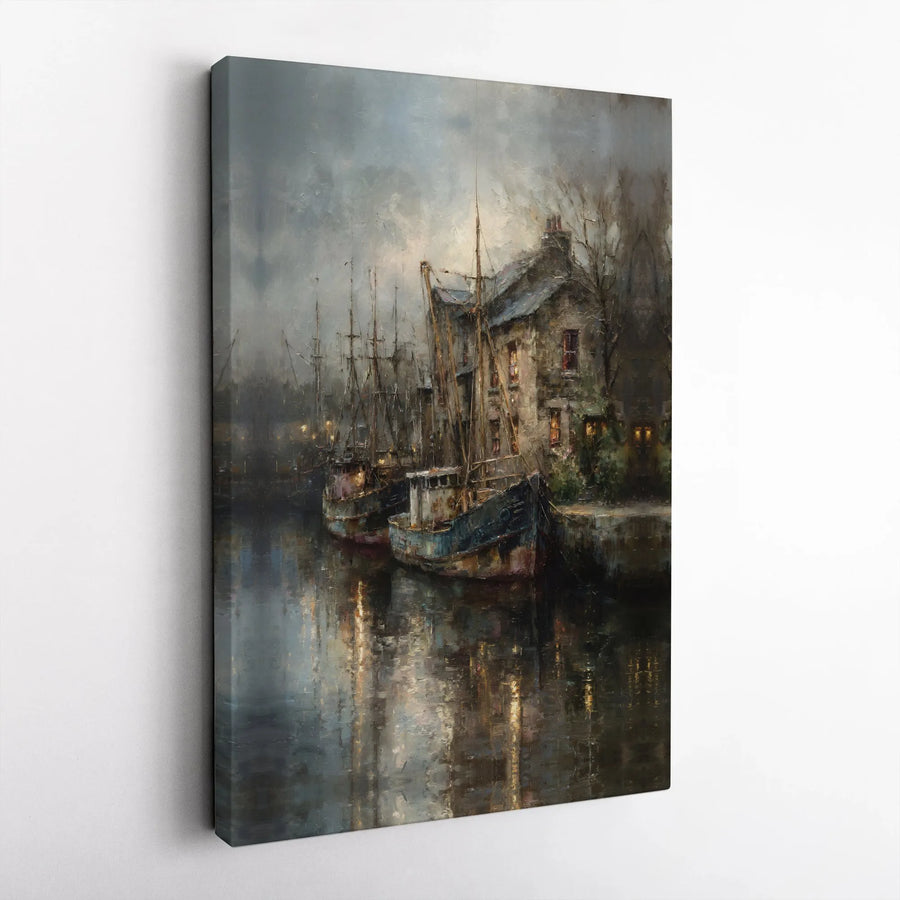 Moody Harbor Canvas Wall Art | Impressionist Fishing Boat Painting | Gallery Quality Canvas Print | Nautical Home Decor Gift
