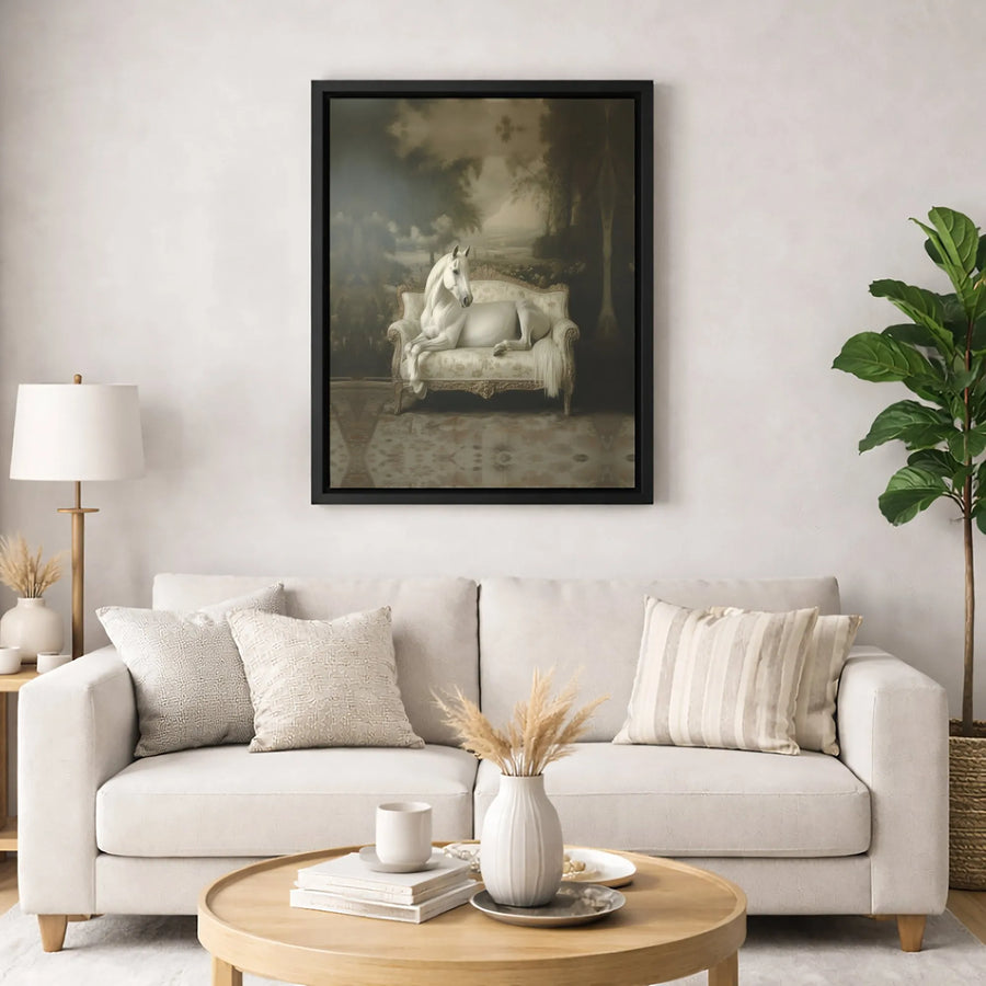 White Horse Canvas Wall Art | Surreal Victorian Sofa Portrait | Premium Gallery-Wrapped Print | Elegant Animal Decor for Living Room