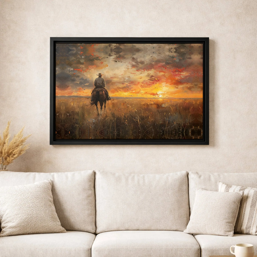 Cowboy Western Canvas Wall Art | Lone Rider Sunset Landscape Painting | Premium Gallery Wrapped Decor | Rustic Southwestern Home Gift